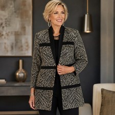 Black Label By Chico  s Geometric Metallic Tailored Jacket Sz2 Statement Blazer