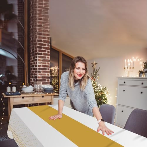 8 Pack 2in1 Disposable Plastic Tablecloths 54" x 108" White and Gold Dot Party - Picture 6 of 8