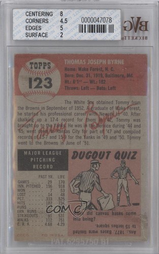 1953 Topps Tommy Byrne (Informazioni biologiche in nero) #123 BVG 3 - Foto 2 di 3