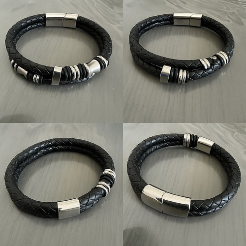 Bracciale Uomo Intrecciato Pelle Nera Accenti Acciaio Inox Chiusura Magnetica  - Foto 1 di 6