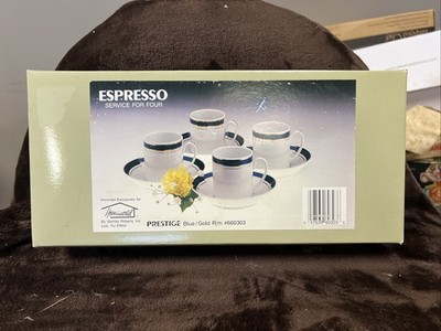 HomeWorld Espresso Service For 4 Blue Gold Rims New Open Box