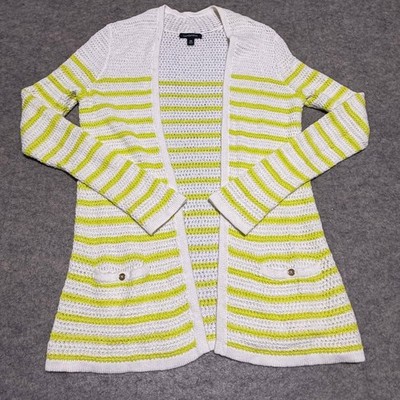 Lands End Womens XS Cardigan Sweater White Lime Green Striped Linen Cotton Open