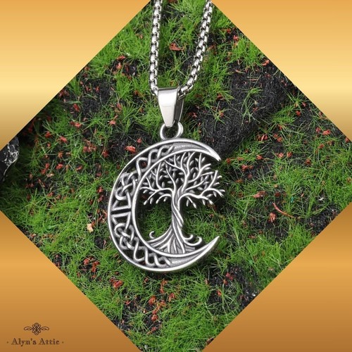 Nordischer Yggdrasil keltischer Knoten Mond Lebensbaum Anhänger Halskette an 60cm Kette - Bild 2 von 9
