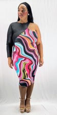 Plus Size Women’s 1X-3X One Shoulder Bodycon Midi Dress Multicolor Swirl