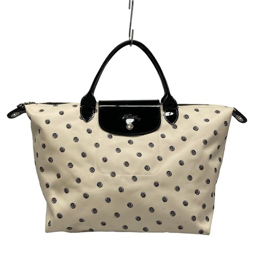 Auth LONGCHAMP Le Pliage - Cream Black Dark Gray Nylon Patent Leather Handbag