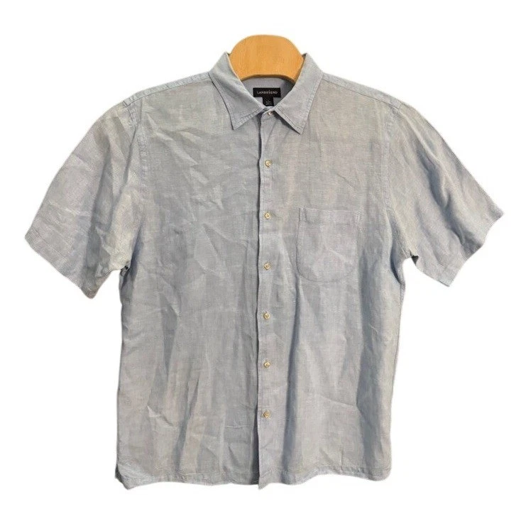 Lands End Mens Blue 100% Linen Short Sleeve Button Down Shirt Large 16-16.5