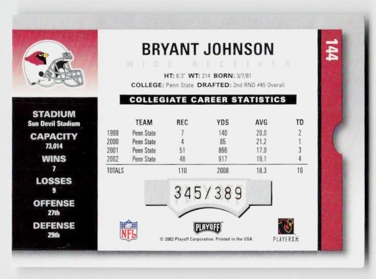 2003 Playoff Contenders #144 Bryant Johnson #/389 - Image 2 of 2