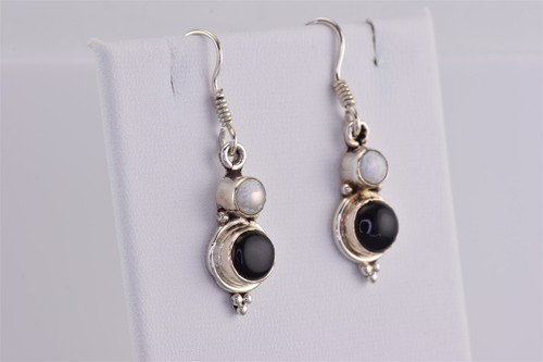 Sterling Silver 24mm x 10mm Black Onyx Pearl 925 Dangling Hook Earrings - Picture 2 of 6