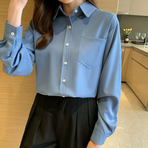 Vintage Women Pocket Long Sleeve Solid Loose Work Button Down Shirt Blouses Tops