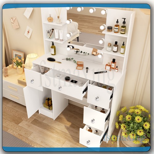Dressing Table Stool Set With LED Makeup Mirror + 7 Drawers Vanity Desk Bedroom - Picture 3 of 7