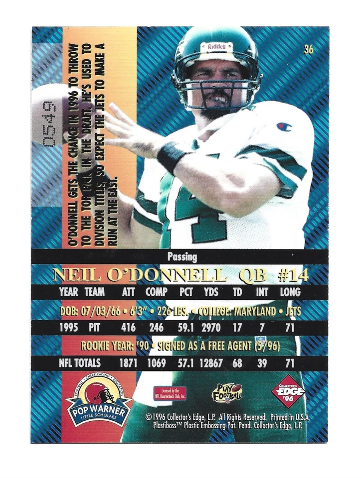 1996 Collector's Edge Advantage Perfect Play Foil #36 Neil O'Donnell Football - Image 2 of 2