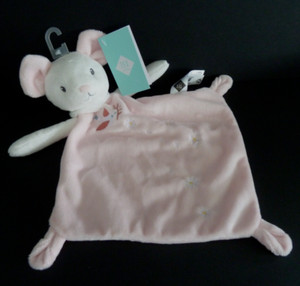 21. DOUDOU PLAT TEX CARREFOUR SOURIS rose blanc oiseau col fourrure 100 NEUF