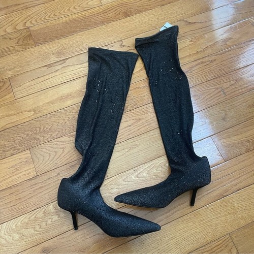ZARA OVERKNEES STOFF SOCKEN STIEFEL SCHWARZ METALLIC KITTEN HEEL PARTY SELTEN GR. 36 - Bild 7 von 15