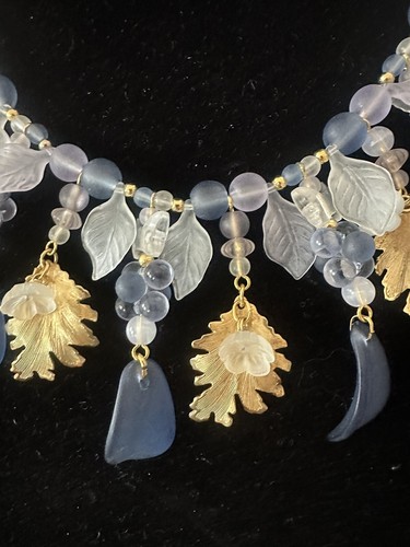 Art Deco Halskette mattiert blau Lucite Perle goldfarben Blätter Schmetterling seltener Fund - Bild 5 von 14