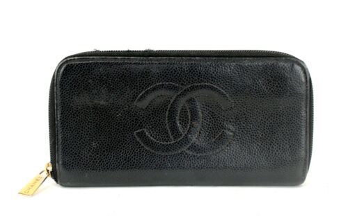 CHANEL Caviar Black Leather Round Zip Long Wallet Purse Vintage Italy Used - Picture 2 of 24
