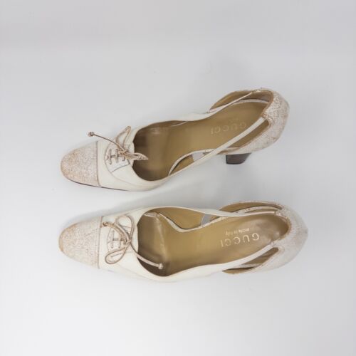 Gucci Vintage Leather Canvas Pump Heels Off White Size 9.5 B - Picture 2 of 12