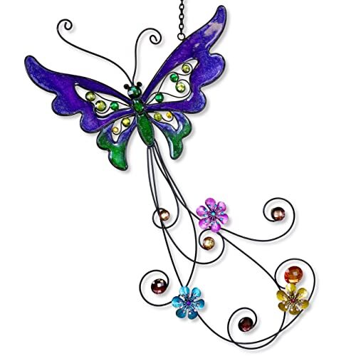 Hängender Schmetterling Dekor Glas Sonnenfänger Fenster Metall Blume lila 15" lang - Bild 1 von 3