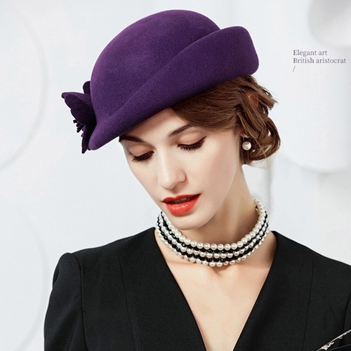 Lila Pillbox Hut Wolle Baskenmütze Fascinator Hüte Blume Cocktail Hochzeit Tee Party - Bild 6 von 8