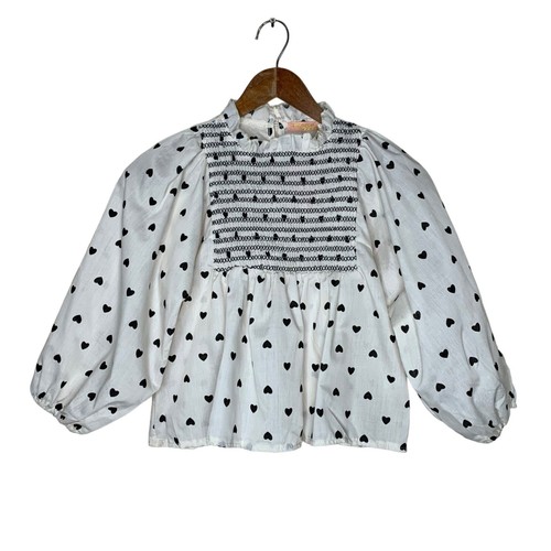 Heart Smocked Top Pant Outfit Cream Black Blouse Black Flare Pants Bows Girls XS - Picture 3 of 14