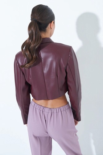 Damen Kurze Kunstlederjacke Bordeaux Offene Jacke Bikerjacke Öko Leder Blazer - Bild 8 von 10