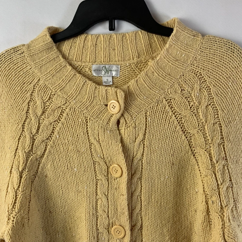 Cárdigan suéter Studio Works mujer manga 3/4 botón mezcla lana pequeño amarillo Foto 2 de 4