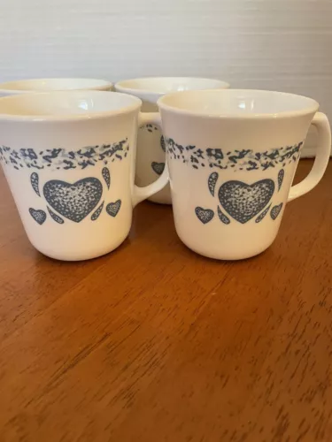 Set Of 4 Corning Corelle 8oz Blue Sponge Heart Coffee Tea Mugs Cups Vintage 