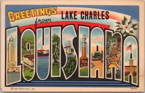 LAKE CHARLES, LOUISIANA Large Letter Postcard Multi-View / Curteich LINEN c1939 - Afbeelding 1 van 2