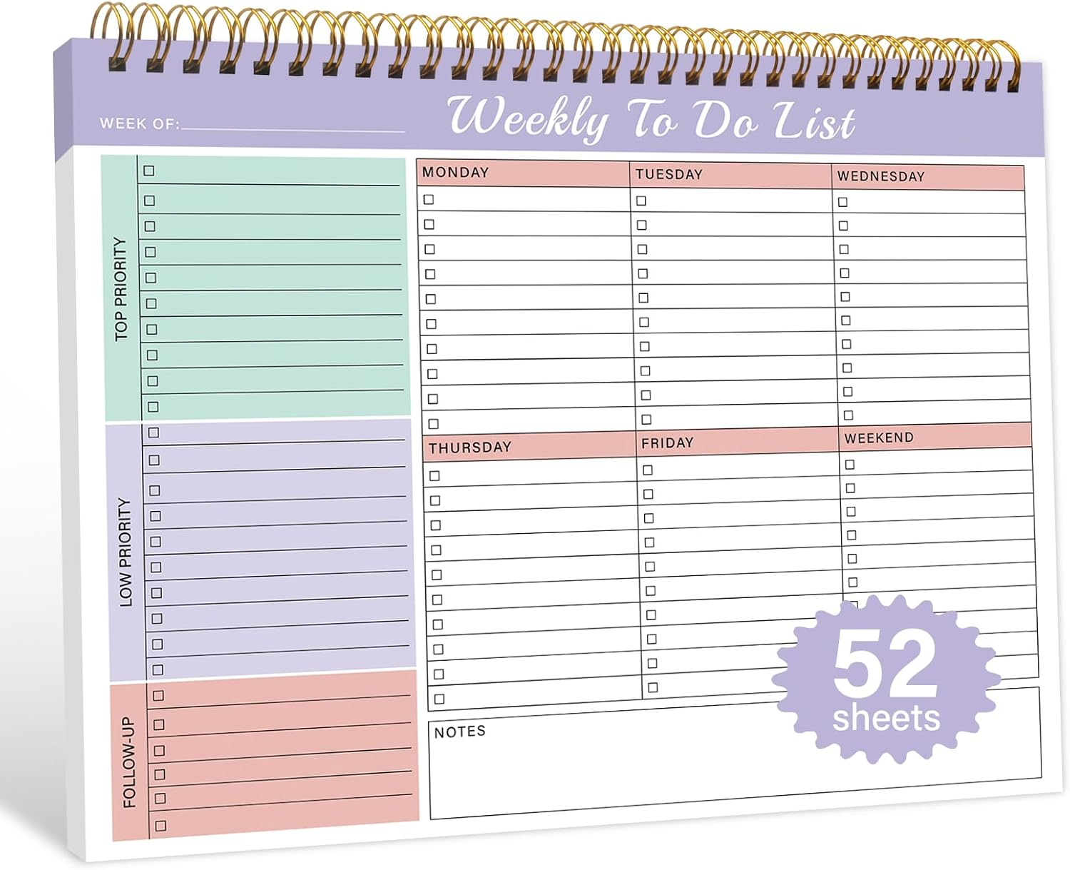 Weekly to Do List Notepad with 52 Undated Sheets（8.5