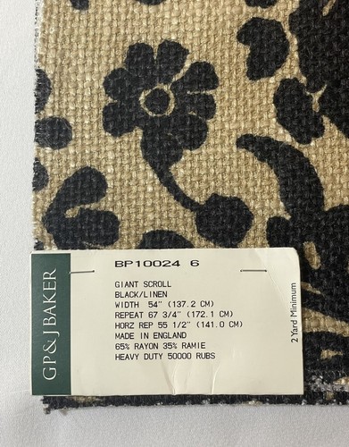 GP & J Baker Lee Jofa Giant Scroll Fabric Rayon/Ramie Black & Tan Jute 26” Sq - Picture 4 of 5