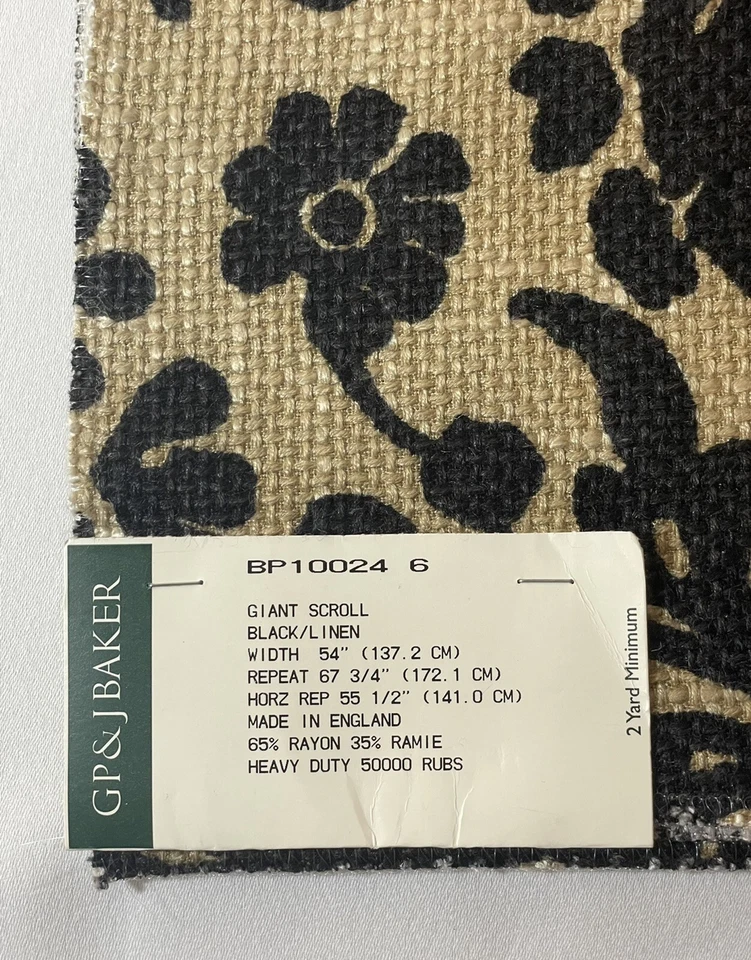 GP & J Baker Lee Jofa Giant Scroll Fabric Rayon/Ramie Black & Tan Jute 26” Sq - Image 4 of 4