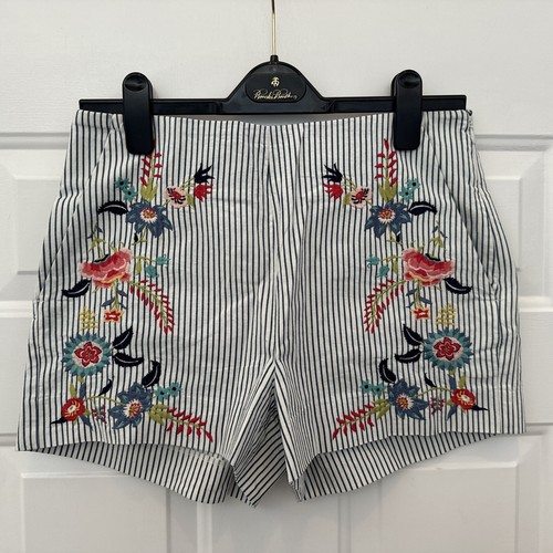 Ann Taylor Loft Women's Embroidered Floral Blue Stripe Side Zip Shorts - Size 2 - Picture 1 of 3