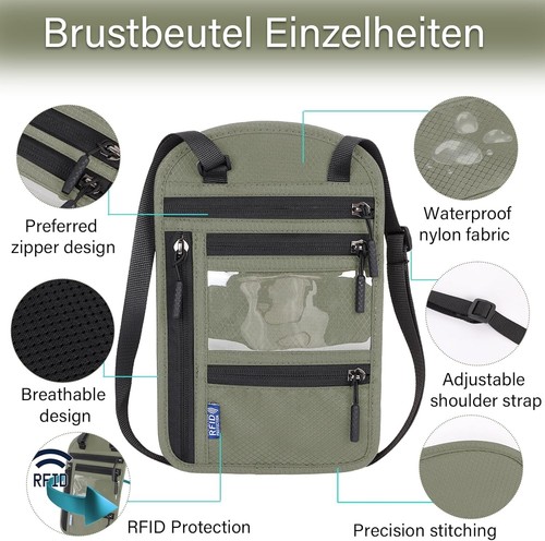 Brustbeutel Mit RFID Schutz, Brustbeutel Damen Herren, Wasserdicht Reisegeldbeut - Bild 3 von 5