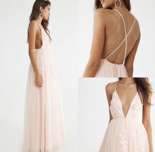 NEW Forever 21 Pink Tulle Maxi Gown Plunging Neckline Embroidered Lace Size Sm - Picture 3 of 16