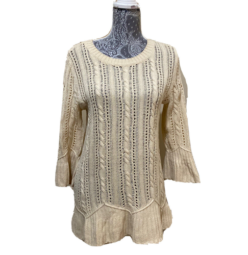 Heather B Peplum Crochet Cable Knit Sweater Boho Women Ruffled 3/4 Bell Sleeve M - Picture 14 of 22