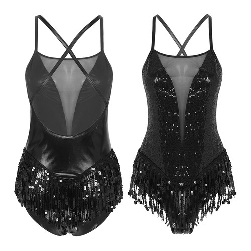 Womens One-Piece Tassel Sequins Bodysuit Leotard Latin Ballet Dance Costume - Picture 36 of 45