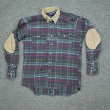 Vintage Wrangler Shirt Mens 15.5 34 Blue Green Plaid Flannel Elbow Pads 80s