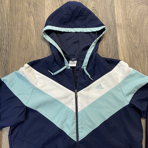 Adidas Womens sz L Windbreaker Spring Jacket Navy LightBlue White Chevron Stripe - Picture 2 of 9