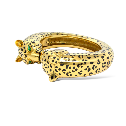 CARTIER Paris Panthère Emerald Eye Rare Black Enamel 18K Yellow Gold Cuff Bangle - Picture 13 of 20