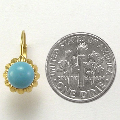 14k Solid Yellow Gold Sunflower Genuine 7 mm Turquoise Earrings 4.20 Grams #E833 - Picture 3 of 4