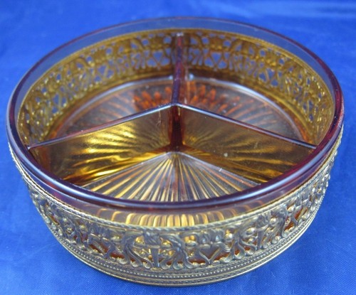 Ovington New York France Divided Dish Amber Glass Gold Metal Mid Century - 第 1/12 張圖片