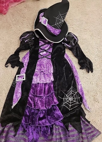 Girls Witch Costume Dress Black & Purple Size M 7/8 Velour Ankle Length No Hat - 第 1/4 張圖片