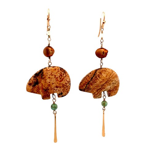 14K Yellow Gold Filled Sterling Silver Dangle Earrings Carved Bear Jasper Pearl - Picture 8 of 8