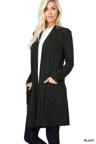 Women's Jersey Knit Open Front Knee Length Long Sleeve Cardigan w/ pockets S-3X - Picture 7 of 28