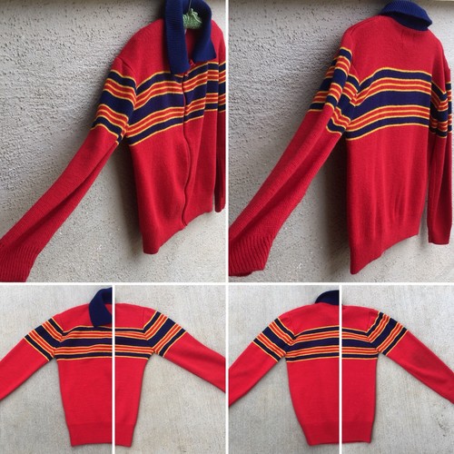 Vintage Pro Action By Campus Zip Front Sweater W/ Collar Striped 70s Boys 18 - Picture 8 of 12