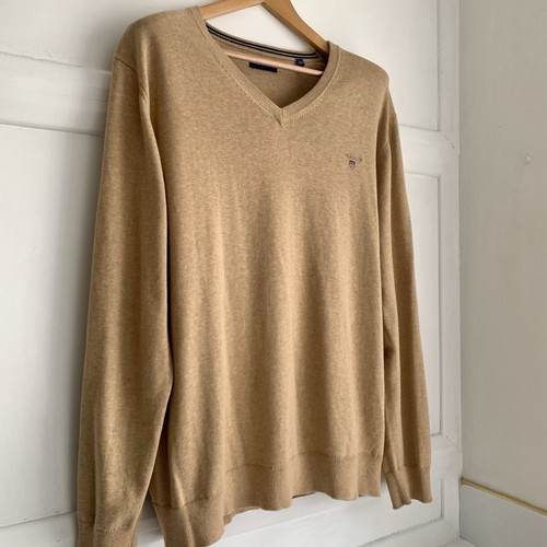 Gant V-Neck Jumper Mens 2XL XXL Khaki Melange Cotton Preppy Sweater Logo - Picture 4 of 8