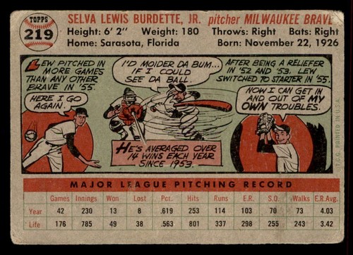 1956 Topps Baseball #219 Lew Burdette PR *f1 - Imagen 2 de 2