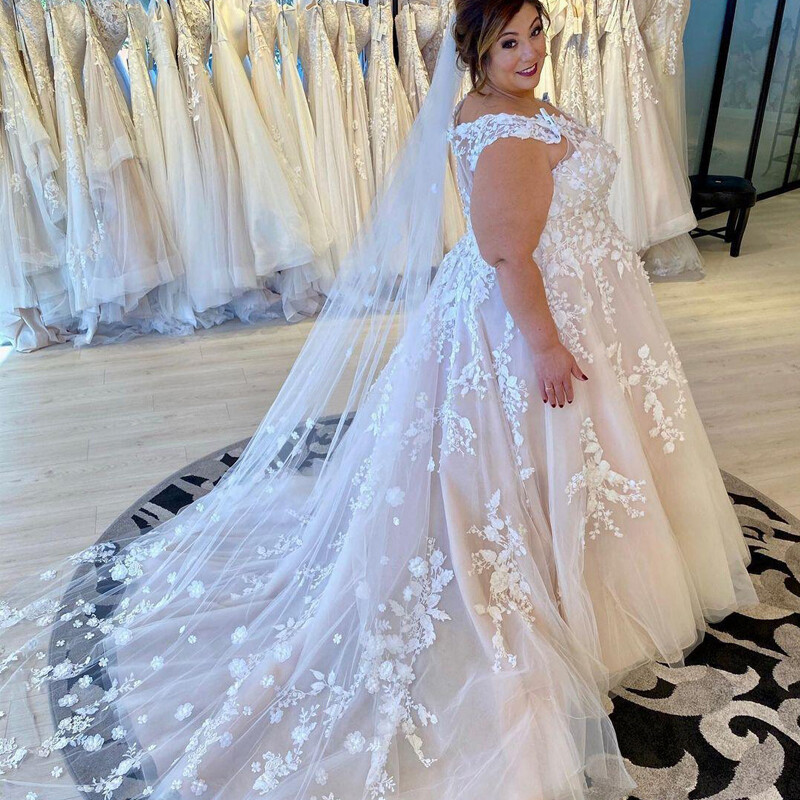 Plus Size Ball Gown Wedding Dresses V Neck Sleeveless Lace Appliques Bridal  Gown