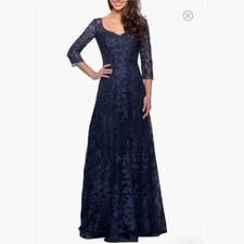 $578 LA FEMME FLORAL EMBROIDERED MESH A-LINE GOWN SIZE 18 NAVY