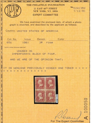 USA #65P5 Extra Fine Mint Imperf Plate Proof On Stamp Paper Rare Block - Picture 2 of 2