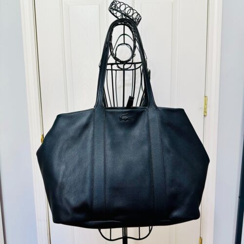 NEU LACOSTE SOFT PEBBLED COW LEATHER XL TOTE SHOPPING BAG MIT STAUBBEUTEL SCHWARZ - Bild 2 von 12